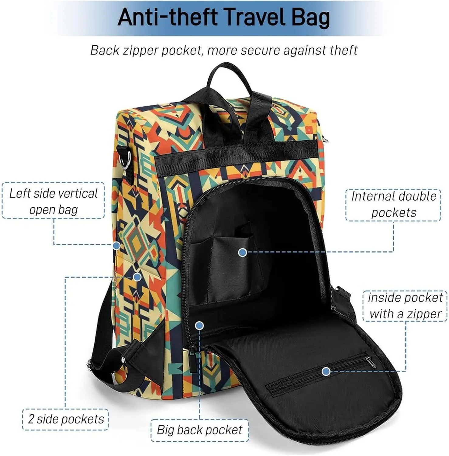 Women Backpack Anti Theft Back Pack Abstract Tribal Aztec Pattern Shoulder Bag Purse Waterproof Daypack Casual Bookbag for College Work Travel Outdoor