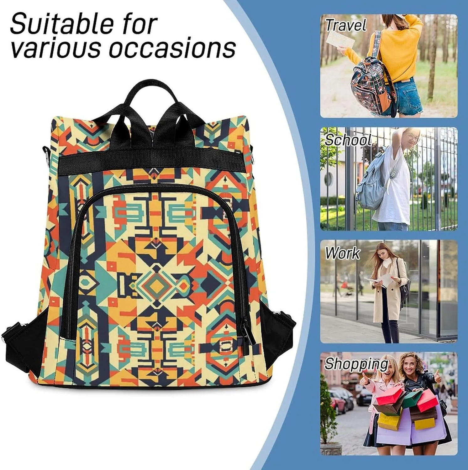 Women Backpack Anti Theft Back Pack Abstract Tribal Aztec Pattern Shoulder Bag Purse Waterproof Daypack Casual Bookbag for College Work Travel Outdoor
