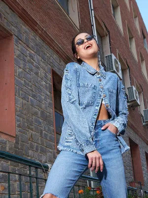 Women Blue Denim High Low Distressed Shirt