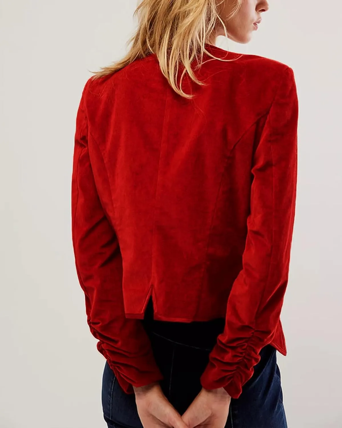 Women Crop Velvet Blazers Jacket Scoop Neck Button Up Velour Jackets Long Sleeve Velvet Coat