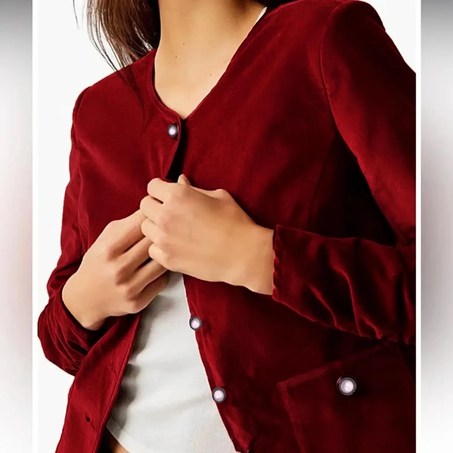 Women Crop Velvet Blazers Jacket Scoop Neck Button Up Velour Jackets Long Sleeve Velvet Coat