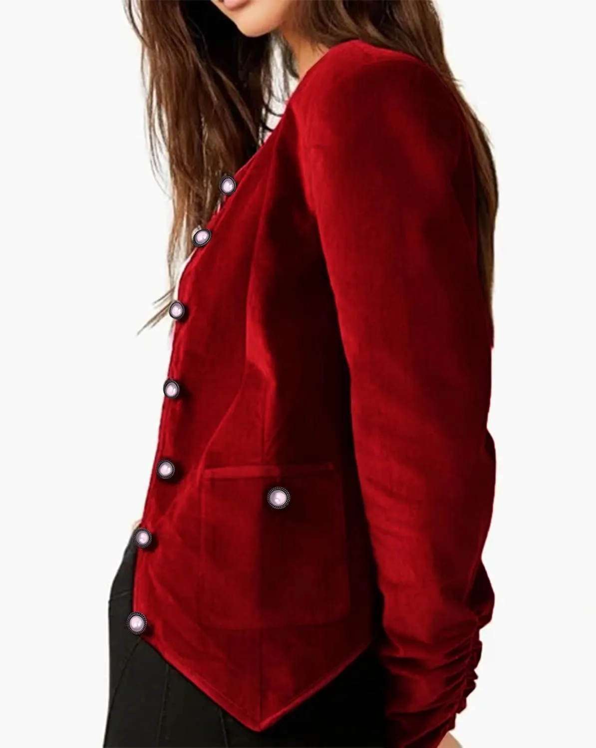 Women Crop Velvet Blazers Jacket Scoop Neck Button Up Velour Jackets Long Sleeve Velvet Coat