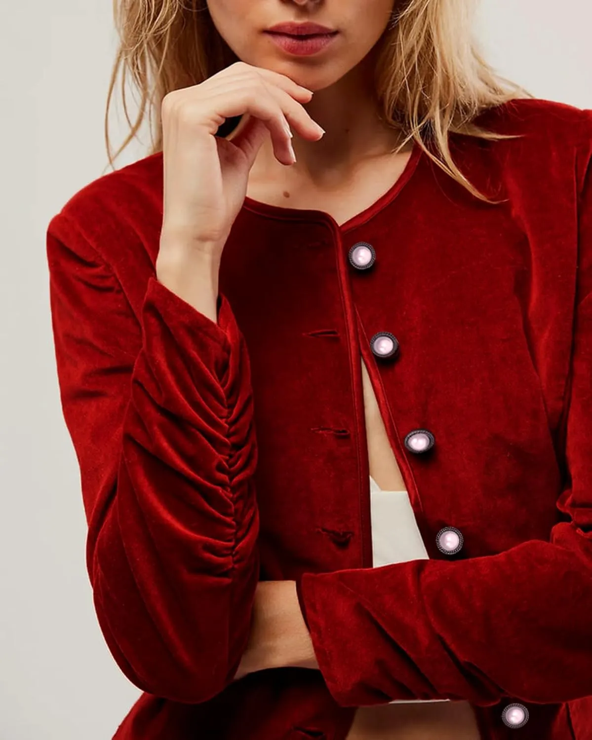 Women Crop Velvet Blazers Jacket Scoop Neck Button Up Velour Jackets Long Sleeve Velvet Coat