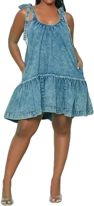 Women Denim Cami Dress Tie Shoulder Ruffle Hem Short Dresses Babydoll Wash Jean Sundress with Pocket