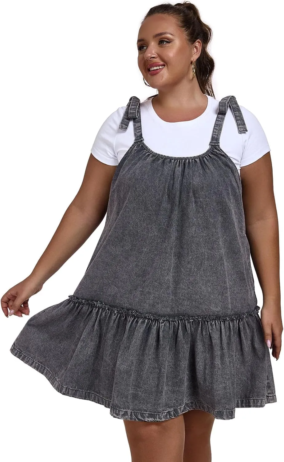 Women Denim Cami Dress Tie Shoulder Ruffle Hem Short Dresses Babydoll Wash Jean Sundress with Pocket