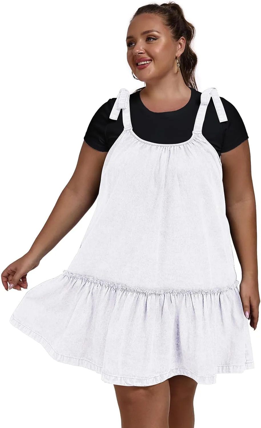 Women Denim Cami Dress Tie Shoulder Ruffle Hem Short Dresses Babydoll Wash Jean Sundress with Pocket