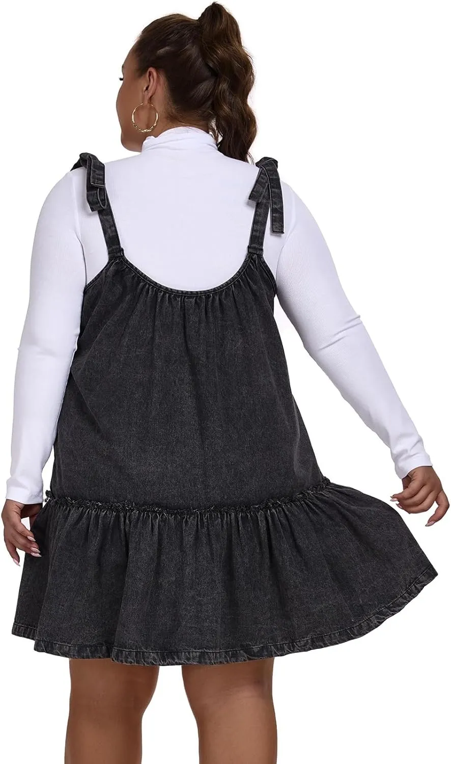 Women Denim Cami Dress Tie Shoulder Ruffle Hem Short Dresses Babydoll Wash Jean Sundress with Pocket