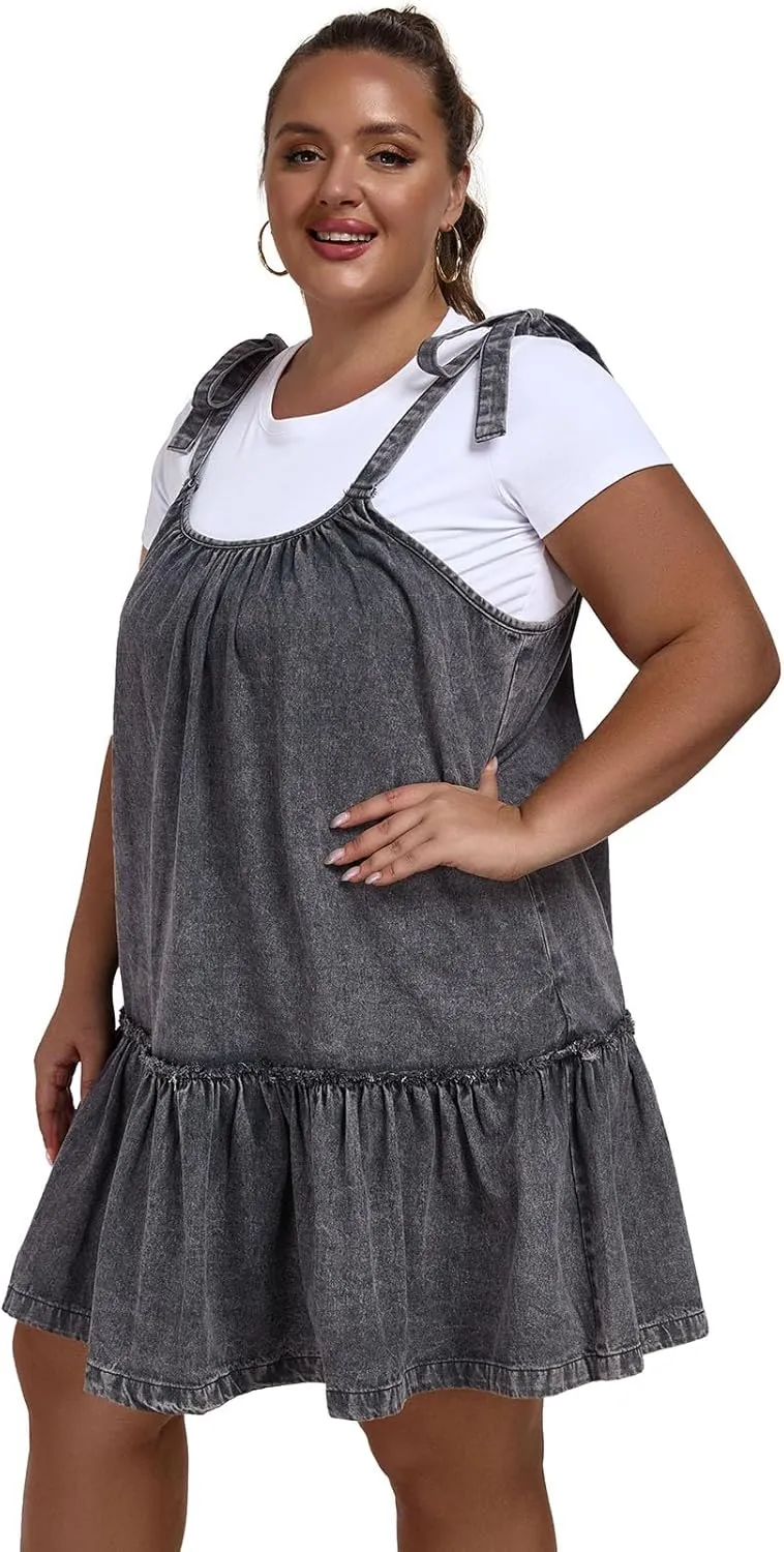 Women Denim Cami Dress Tie Shoulder Ruffle Hem Short Dresses Babydoll Wash Jean Sundress with Pocket