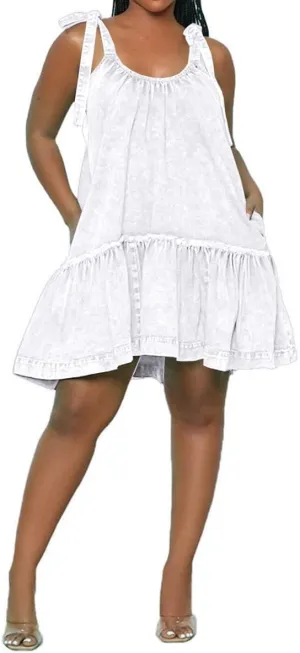 Women Denim Cami Dress Tie Shoulder Ruffle Hem Short Dresses Babydoll Wash Jean Sundress with Pocket