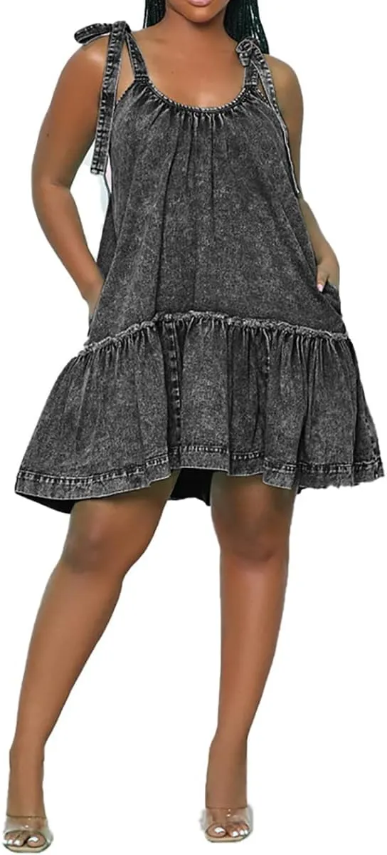 Women Denim Cami Dress Tie Shoulder Ruffle Hem Short Dresses Babydoll Wash Jean Sundress with Pocket