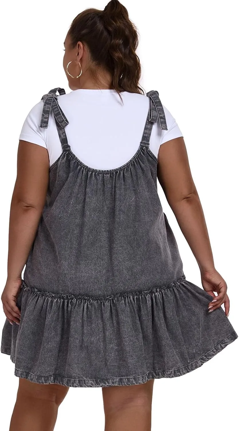 Women Denim Cami Dress Tie Shoulder Ruffle Hem Short Dresses Babydoll Wash Jean Sundress with Pocket