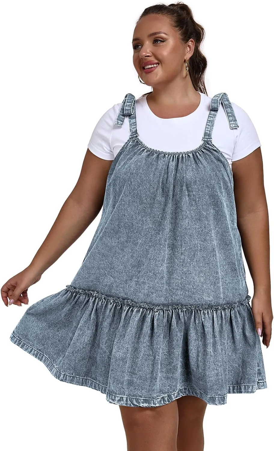 Women Denim Cami Dress Tie Shoulder Ruffle Hem Short Dresses Babydoll Wash Jean Sundress with Pocket