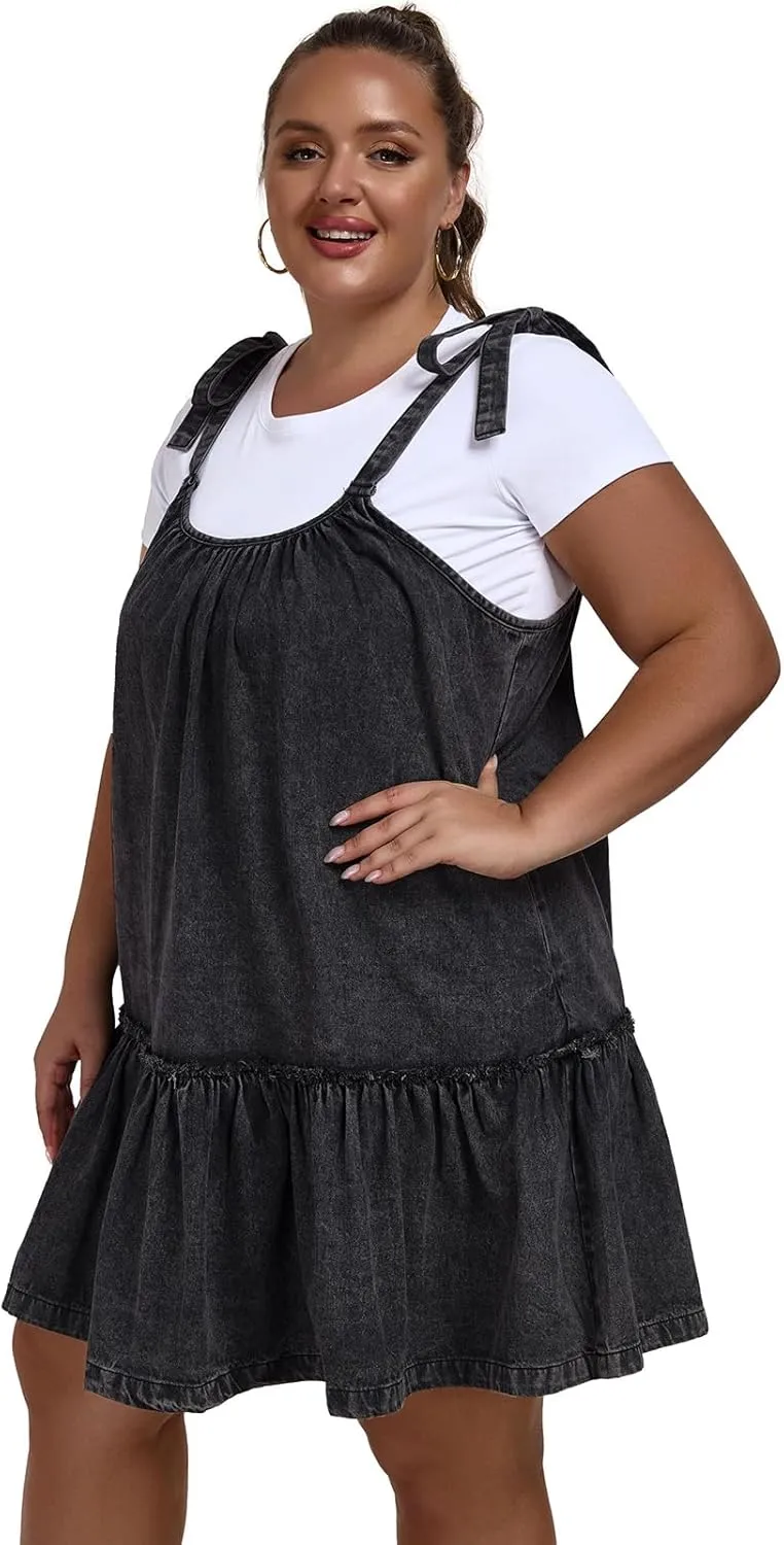 Women Denim Cami Dress Tie Shoulder Ruffle Hem Short Dresses Babydoll Wash Jean Sundress with Pocket