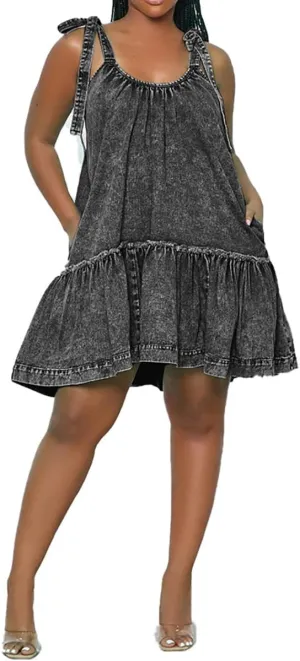 Women Denim Cami Dress Tie Shoulder Ruffle Hem Short Dresses Babydoll Wash Jean Sundress with Pocket