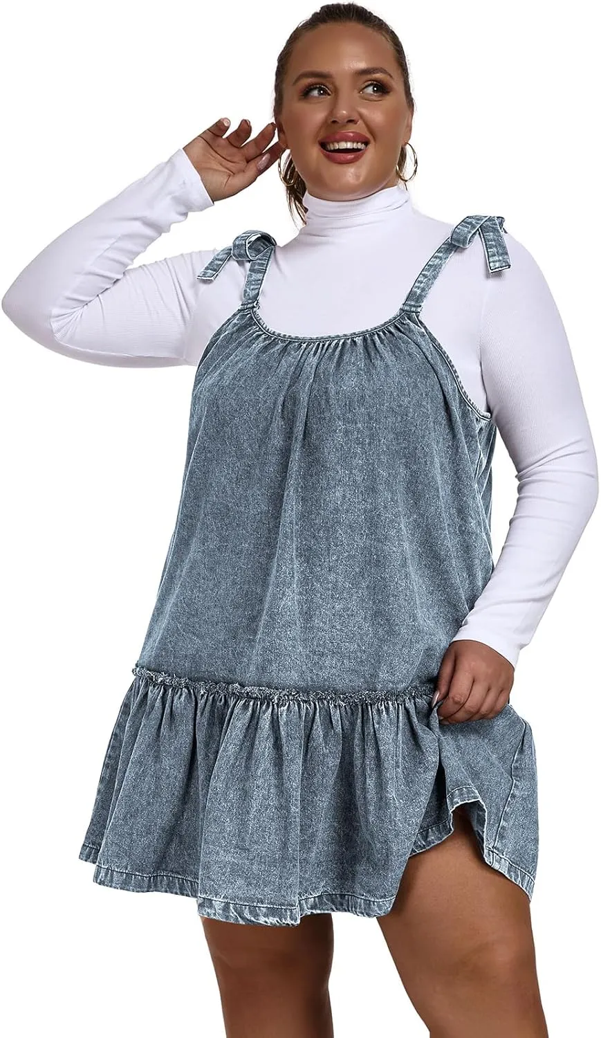 Women Denim Cami Dress Tie Shoulder Ruffle Hem Short Dresses Babydoll Wash Jean Sundress with Pocket