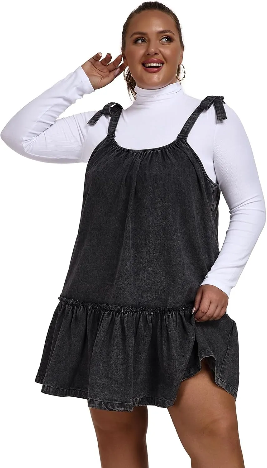 Women Denim Cami Dress Tie Shoulder Ruffle Hem Short Dresses Babydoll Wash Jean Sundress with Pocket