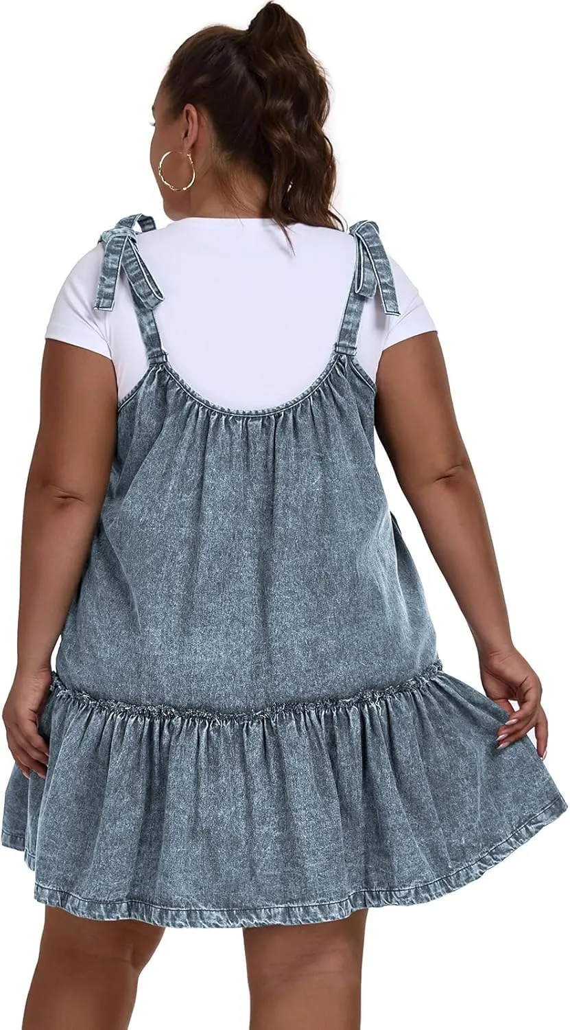 Women Denim Cami Dress Tie Shoulder Ruffle Hem Short Dresses Babydoll Wash Jean Sundress with Pocket
