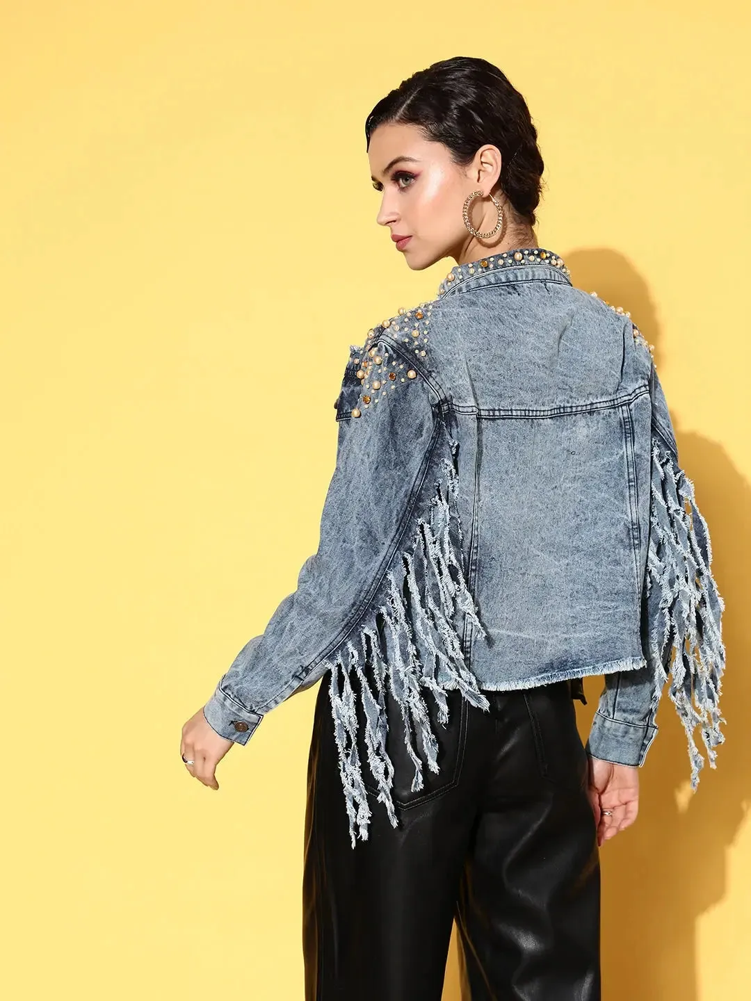 Women Embellished Blue Full Sleeve Jacket