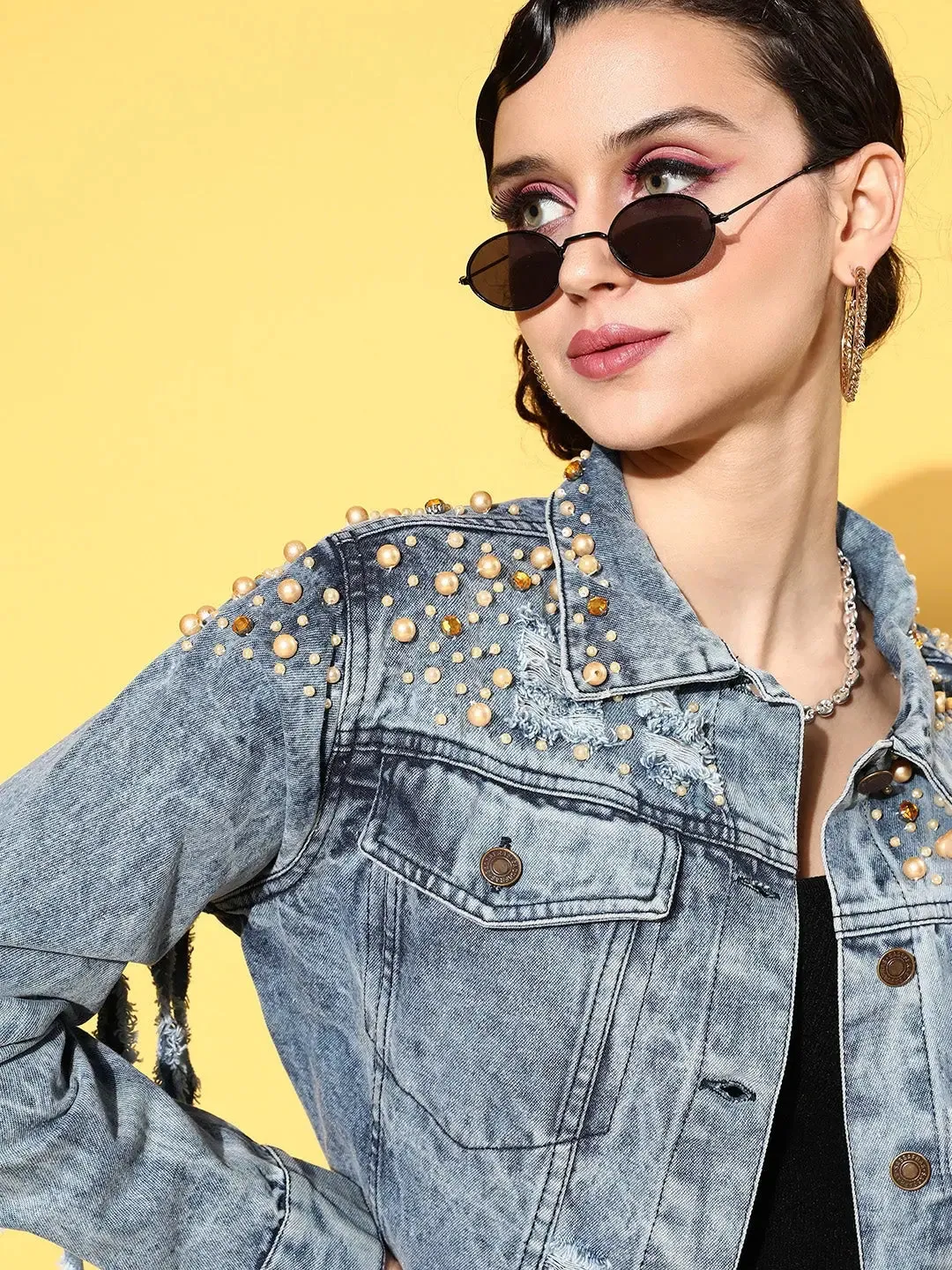 Women Embellished Blue Full Sleeve Jacket