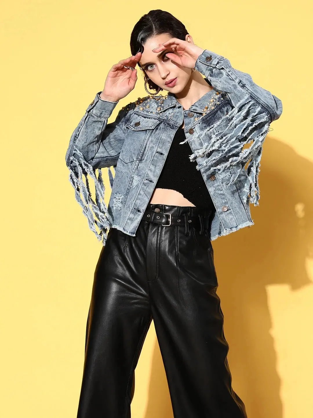 Women Embellished Blue Full Sleeve Jacket