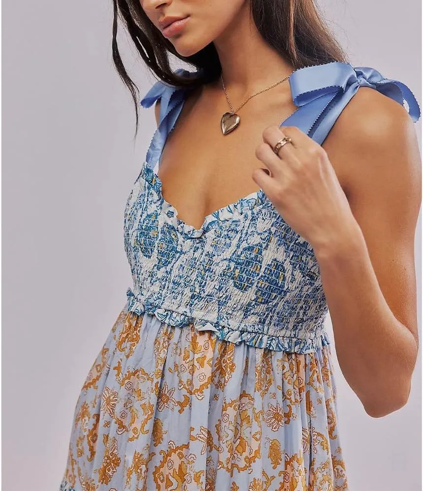 Women Floral Maxi Dress Sleeveless Tie Shoulder Bohemian Flowy Smocked Dresses Casual Summer Sundress with Pockets
