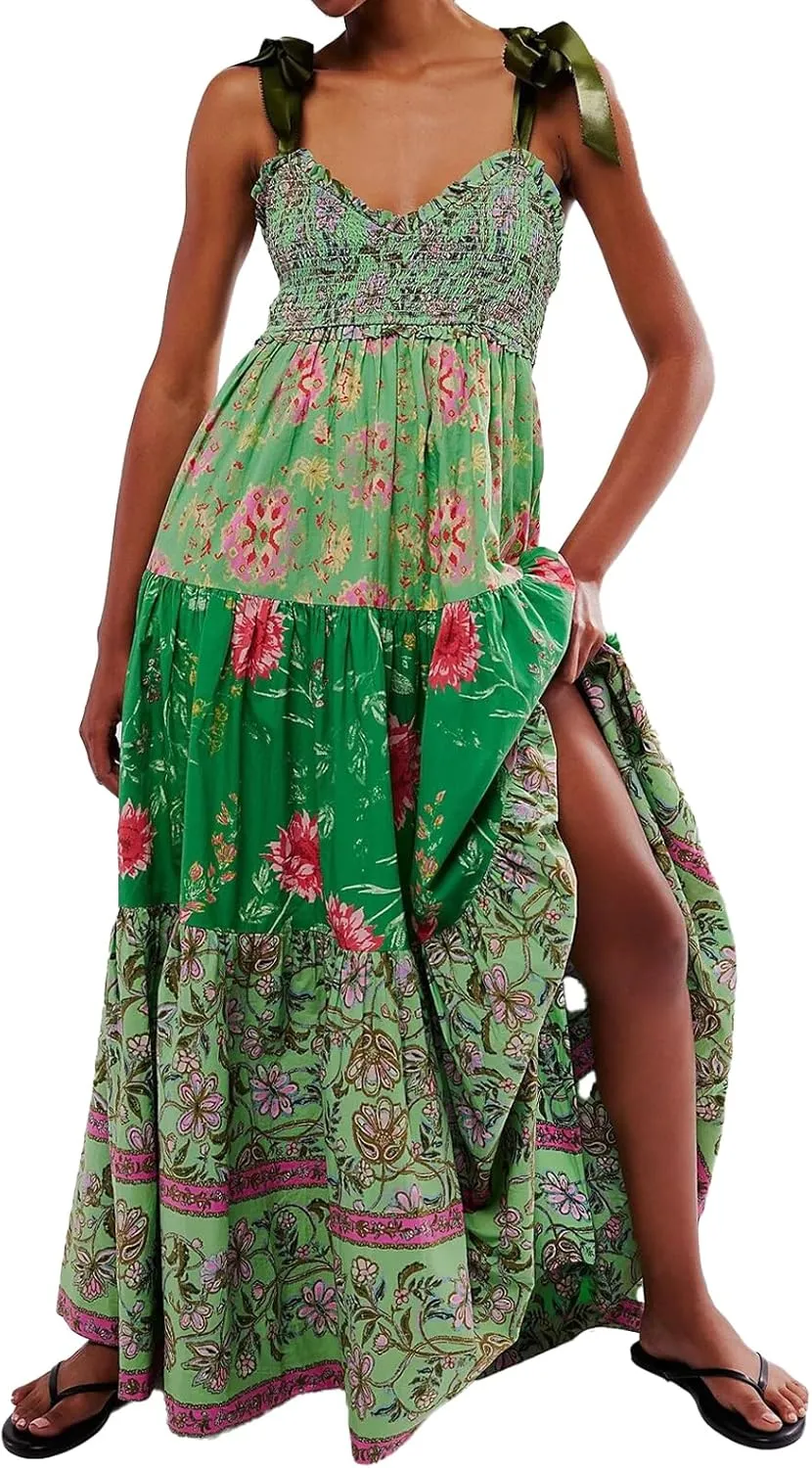 Women Floral Maxi Dress Sleeveless Tie Shoulder Bohemian Flowy Smocked Dresses Casual Summer Sundress with Pockets