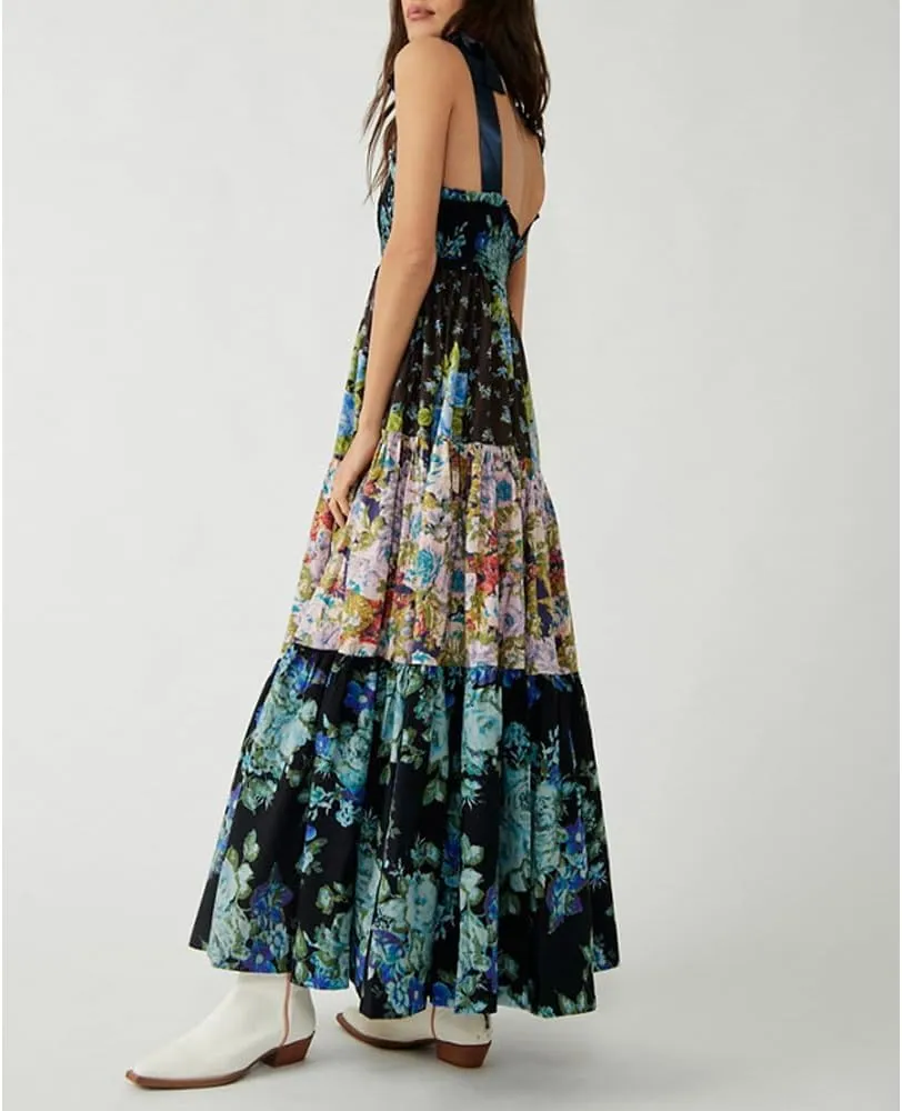 Women Floral Maxi Dress Sleeveless Tie Shoulder Bohemian Flowy Smocked Dresses Casual Summer Sundress with Pockets
