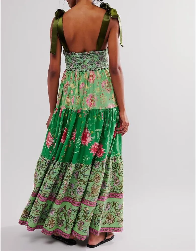 Women Floral Maxi Dress Sleeveless Tie Shoulder Bohemian Flowy Smocked Dresses Casual Summer Sundress with Pockets
