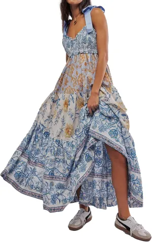 Women Floral Maxi Dress Sleeveless Tie Shoulder Bohemian Flowy Smocked Dresses Casual Summer Sundress with Pockets
