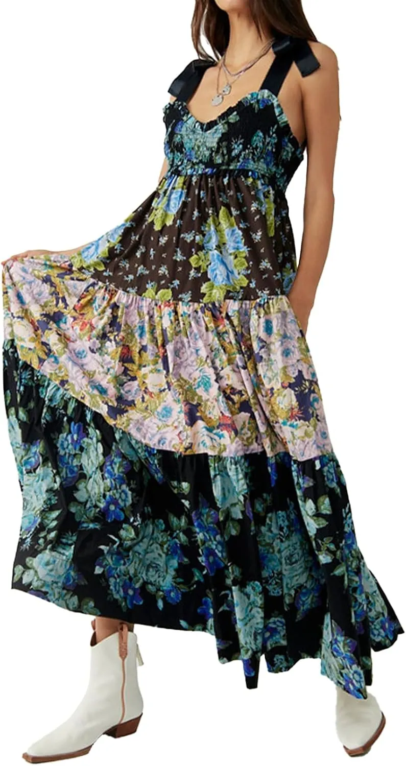 Women Floral Maxi Dress Sleeveless Tie Shoulder Bohemian Flowy Smocked Dresses Casual Summer Sundress with Pockets