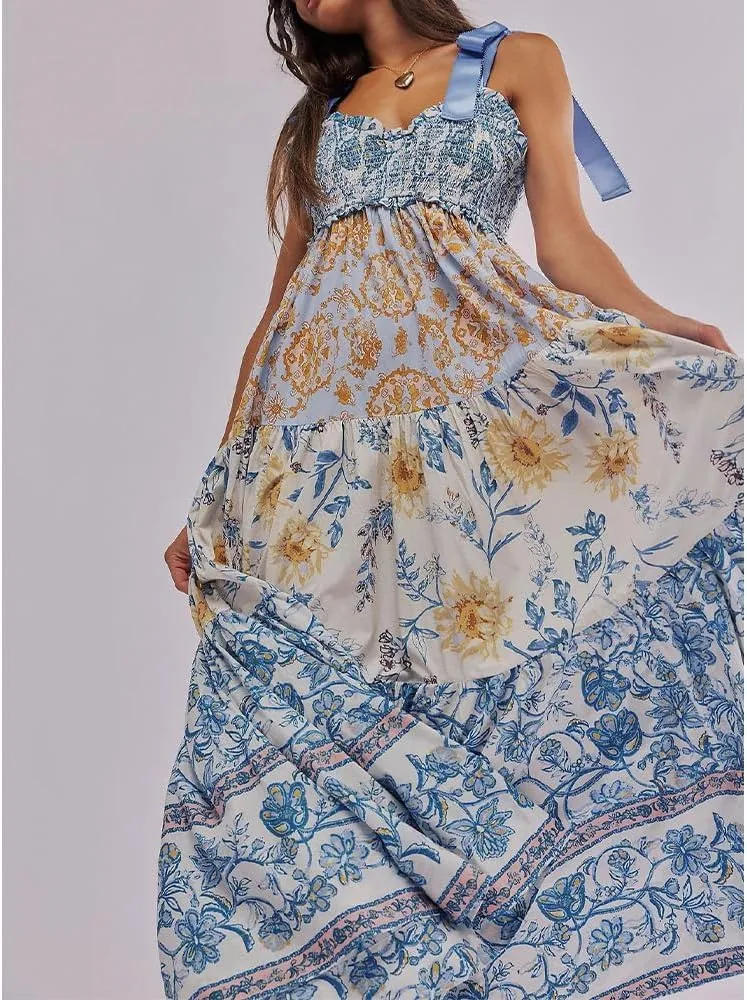 Women Floral Maxi Dress Sleeveless Tie Shoulder Bohemian Flowy Smocked Dresses Casual Summer Sundress with Pockets