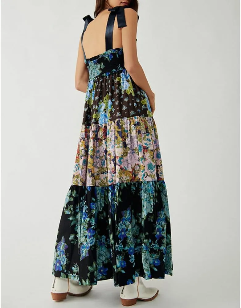 Women Floral Maxi Dress Sleeveless Tie Shoulder Bohemian Flowy Smocked Dresses Casual Summer Sundress with Pockets