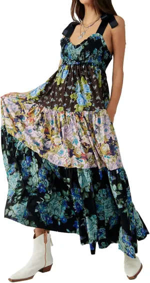 Women Floral Maxi Dress Sleeveless Tie Shoulder Bohemian Flowy Smocked Dresses Casual Summer Sundress with Pockets
