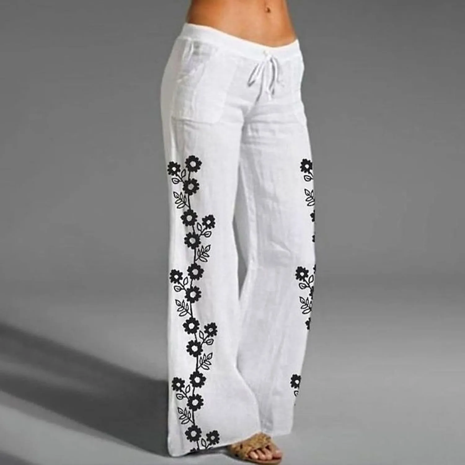 Women Linen Palazzo Pants 2025 Summer High Waisted Wide Leg Lounge Pants Pleated Beach Travel Trousers with Pocket