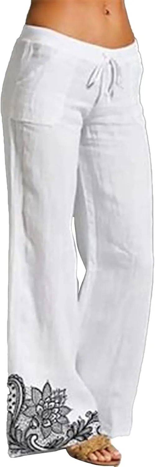 Women Linen Palazzo Pants 2025 Summer High Waisted Wide Leg Lounge Pants Pleated Beach Travel Trousers with Pocket