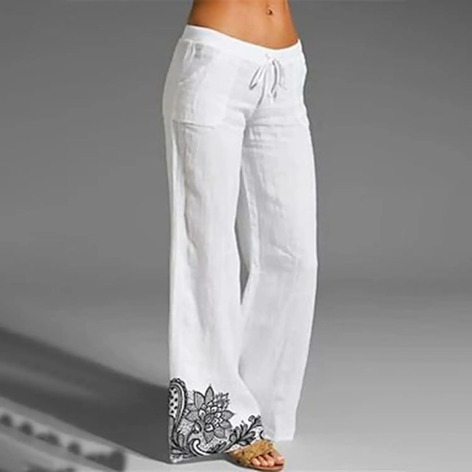 Women Linen Palazzo Pants 2025 Summer High Waisted Wide Leg Lounge Pants Pleated Beach Travel Trousers with Pocket