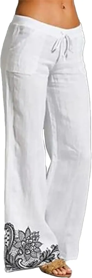 Women Linen Palazzo Pants 2025 Summer High Waisted Wide Leg Lounge Pants Pleated Beach Travel Trousers with Pocket