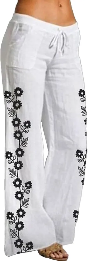 Women Linen Palazzo Pants 2025 Summer High Waisted Wide Leg Lounge Pants Pleated Beach Travel Trousers with Pocket
