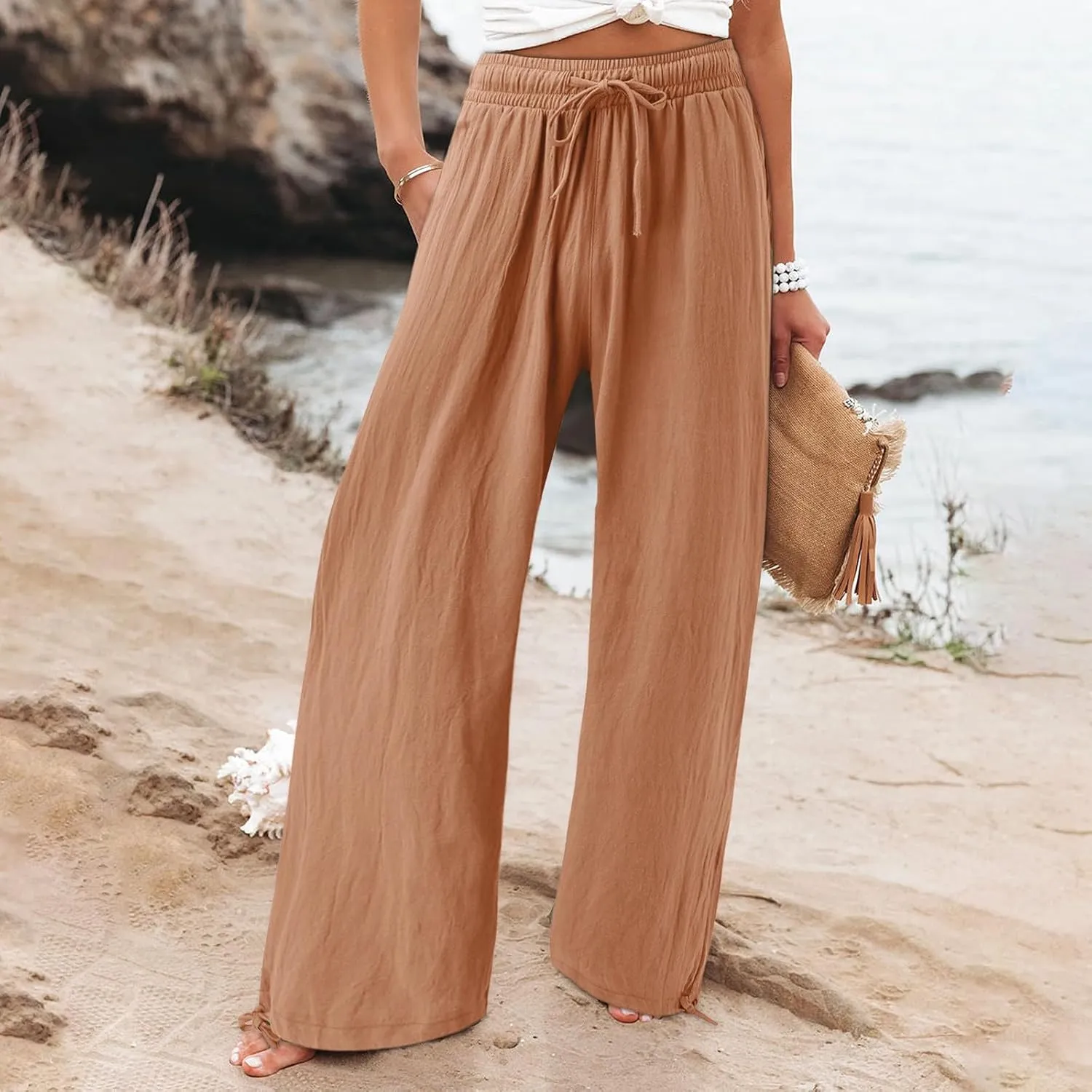 Women Linen Palazzo Pants Summer Comfy Flowy Wide Leg High Waist Casual Loose Beach Lounge Pant Trouser