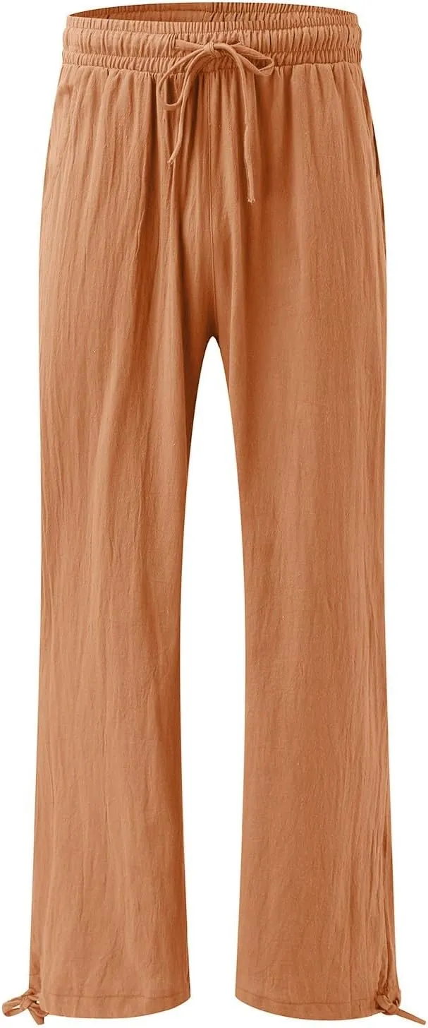Women Linen Palazzo Pants Summer Comfy Flowy Wide Leg High Waist Casual Loose Beach Lounge Pant Trouser