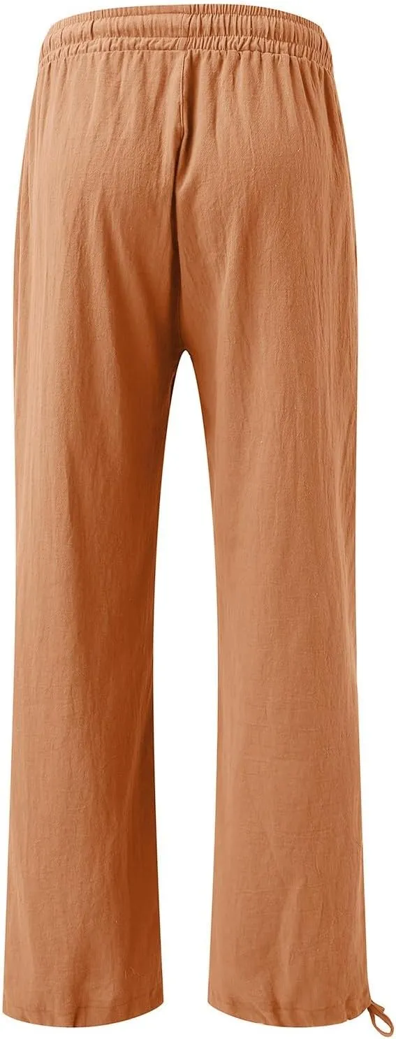 Women Linen Palazzo Pants Summer Comfy Flowy Wide Leg High Waist Casual Loose Beach Lounge Pant Trouser