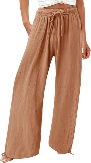 Women Linen Palazzo Pants Summer Comfy Flowy Wide Leg High Waist Casual Loose Beach Lounge Pant Trouser