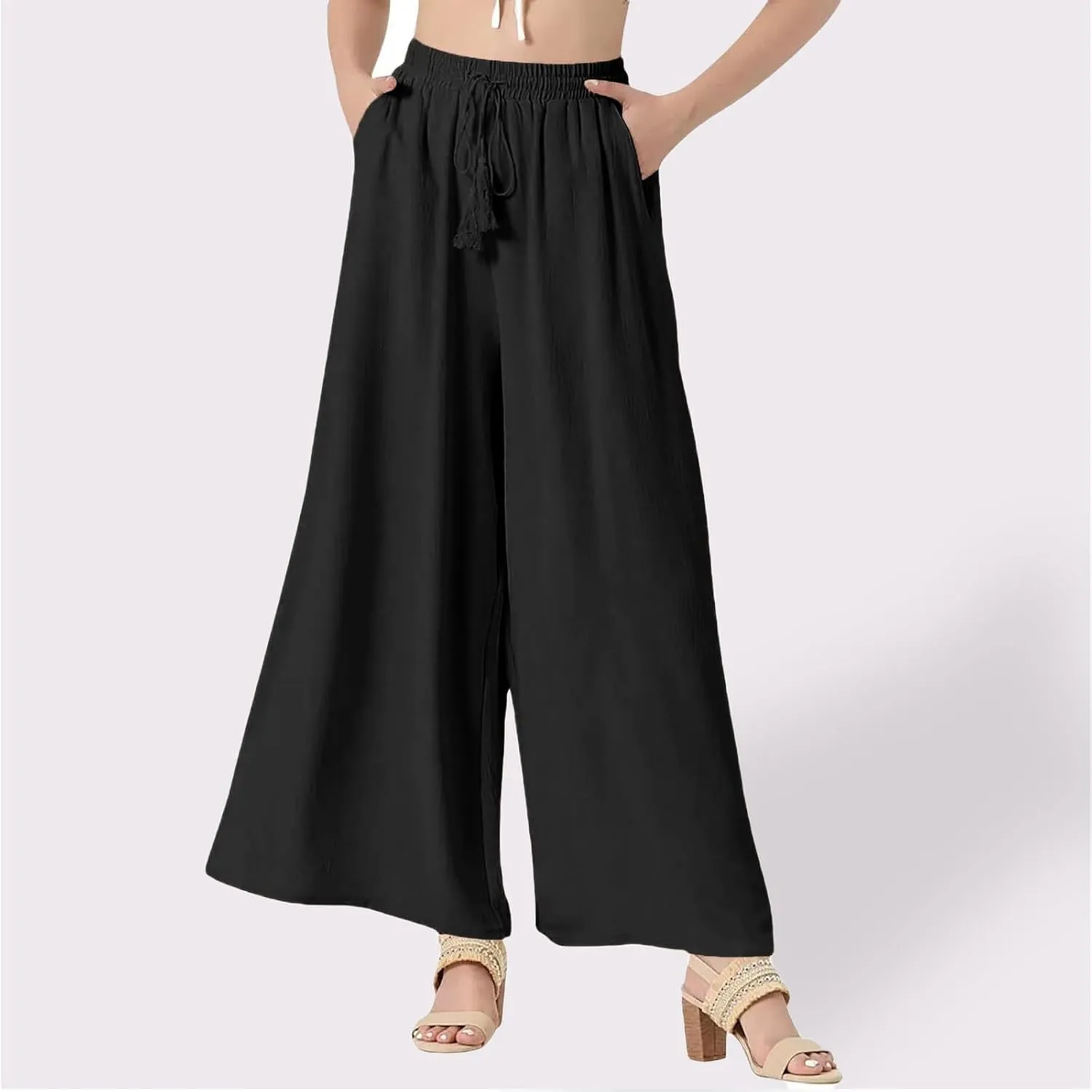 Women Linen Palazzo Pants Womens High Waisted Stretchy Capris with Pockets Womens Capri Pocket Sweatpants Cargo Capri