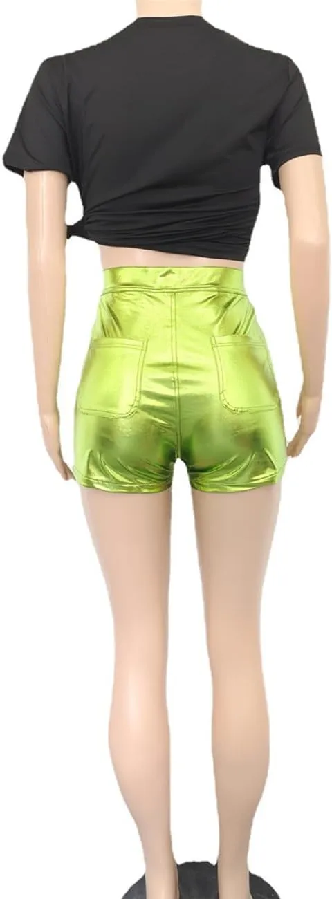 Women Metallic Faux Leather Shorts, Sexy High Waisted Stretch PU Shorts
