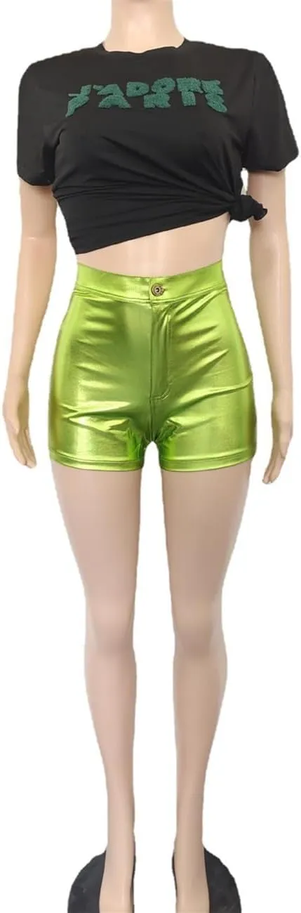 Women Metallic Faux Leather Shorts, Sexy High Waisted Stretch PU Shorts
