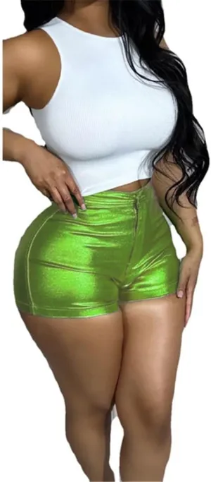 Women Metallic Faux Leather Shorts, Sexy High Waisted Stretch PU Shorts