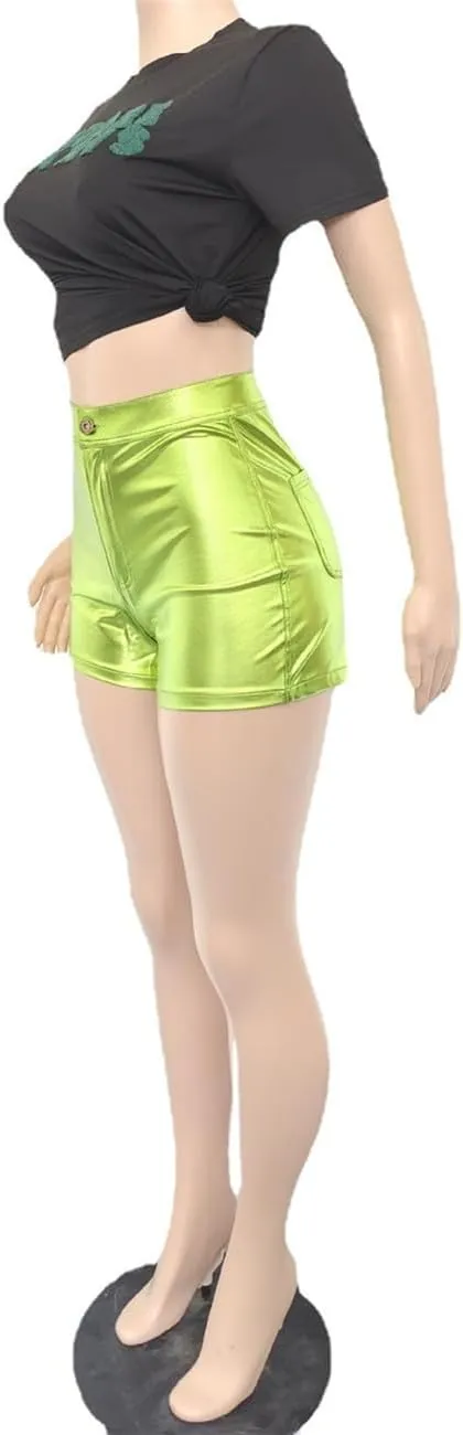 Women Metallic Faux Leather Shorts, Sexy High Waisted Stretch PU Shorts