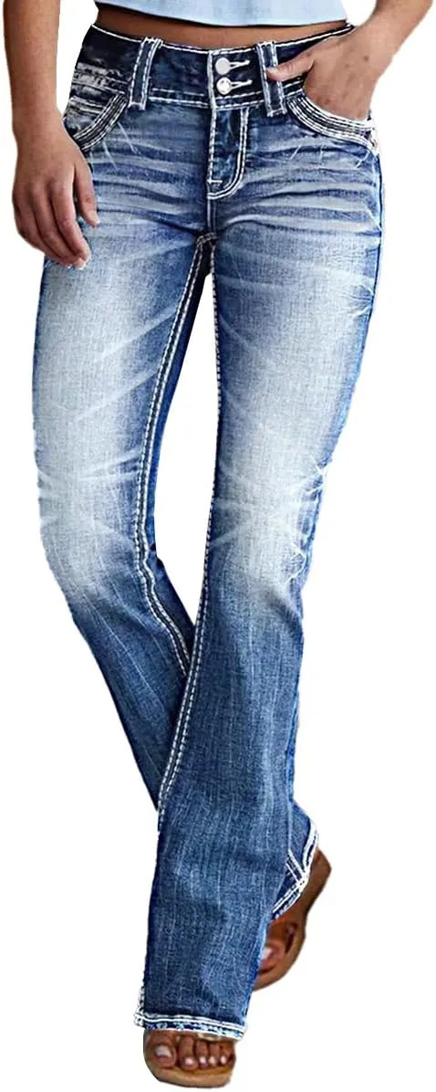 Women Mid Waisted Bootcut Jeans Zip Stretchy Slim Casual Double Button Flare Denim Pants with Distressed Pocket