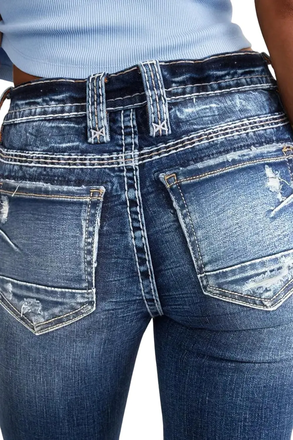 Women Mid Waisted Bootcut Jeans Zip Stretchy Slim Casual Double Button Flare Denim Pants with Distressed Pocket