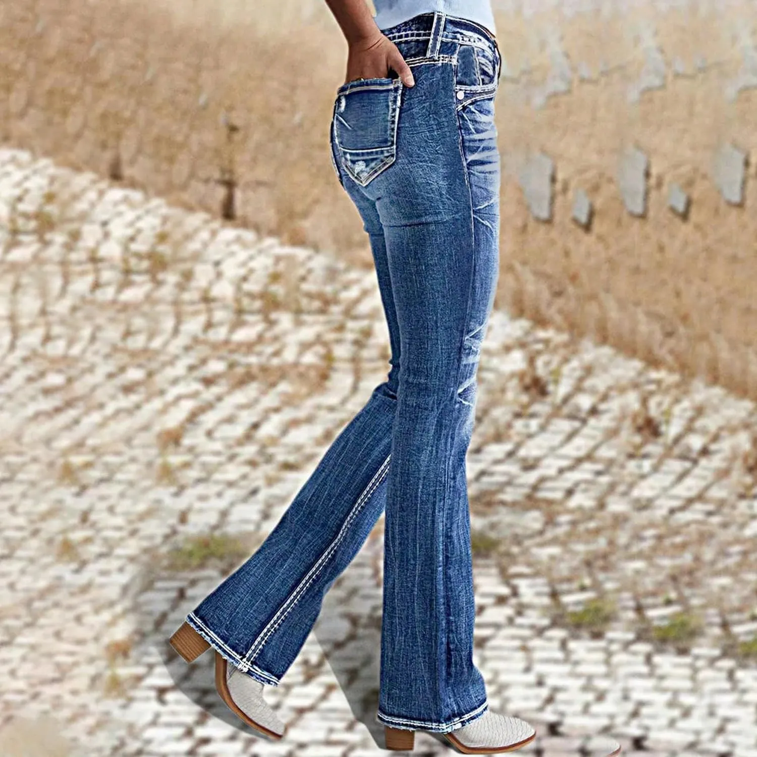 Women Mid Waisted Bootcut Jeans Zip Stretchy Slim Casual Double Button Flare Denim Pants with Distressed Pocket